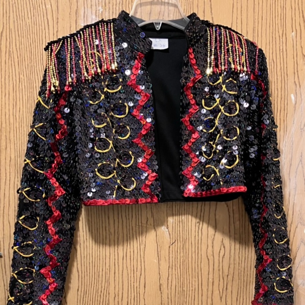 Black Multicolor Sequin Zigzag Cropped Matador-Style Performance Jacket